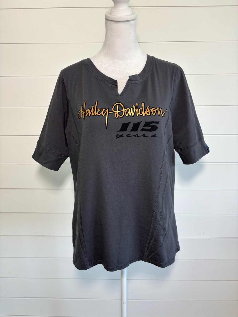Harley-Davidson 115 Years Notch Neck Tee - Charcoal with Gold Script Size L